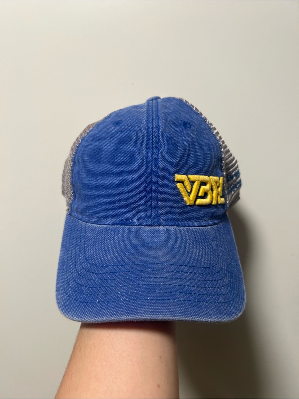 Banana Republic Blue and Gray Trucker Cap with Yellow Embroidery